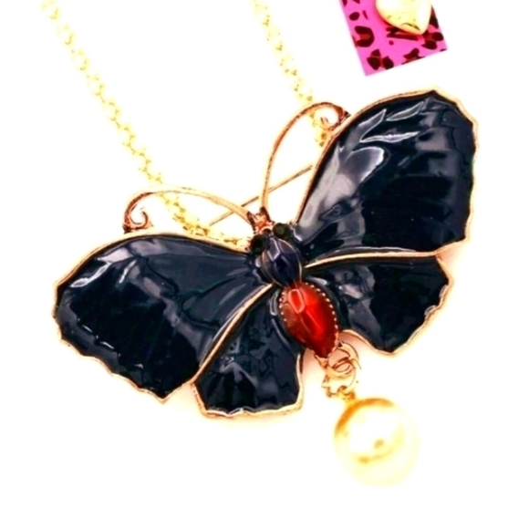 BETSEY Johnson 28" Butterfly Deep Blue Enamel Necklace Brooch Pin NEW - Picture 2 of 8